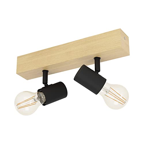 Eglo Lampada Da Soffitto Townshend 3, Plafoniera Vintage A Due Punti Luce, Dal Design Industrial, Lampada Retrò In Acciaio E Legno, Nero, Marrone, E27