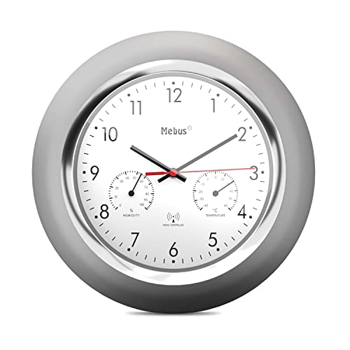 Mebus Funk-Wanduhr Mit Thermometer Und Hygrometer/Silberner Rahmen/Weißes Zifferblatt / 24Cm Durchmesser/Rund/Modell: 19454 / Farbe: Silber, Weiß