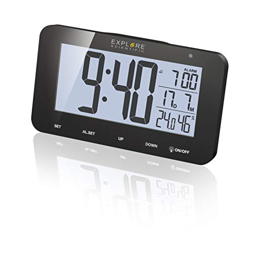 Explore Scientific Rdc1004 Orologio Radiocontrollato Da Tavolo Con Display Retroilluminato A Led Bianco, Allarme & Snooze, Nero