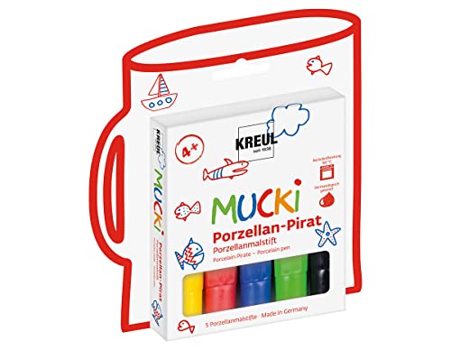Kreul 27157 - Mucki Porcelain Pirate, 5 Pastelli Di Porcellana In Colori Base Per Bambini, Larghezza Del Tratto 2-5 Mm, Per Disegni Su Tazze E Piatti