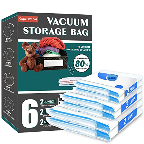 Captainfive Sacchetti Sottovuoto Vestiti, Sacchi Sottovuoto Riutilizzabili Per Piumoni 6 Pezzi (2Xl + 2L+2M) Buste Sottovuoto Vestiti Per Cuscini, Cap