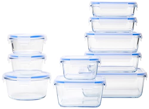 Amazon Basics - Contenitori Per Alimenti, In Vetro, Con Coperchi 20 Unità, (10 Contenitori + 10 Coperchi), Senza Bpa, Transparent, Blu
