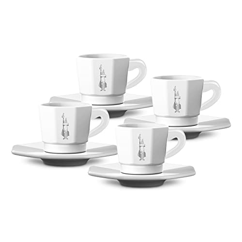 Bialetti Tazzine Ottagonali, Set 4 Tazzine, Bianco E Silver, 75 Ml
