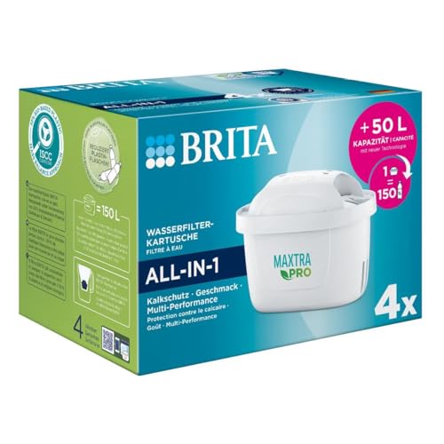 Brita Maxtra Pro All-In-1 - Confezione Da 4 Cartucce Di Ricambio Originali Brita, Riduce Calcare, Cloro, Pesticidi, Metalli Come Piombo E Rame, Per Ac