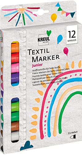 Kreul 90720 - Textile Marker Medium Junior, 12 Matite Colorate Per Tessuti Chiari, Con Punta In Fibra Insensibile, Larghezza Del Tratto Circa 2-4 Mm, 
