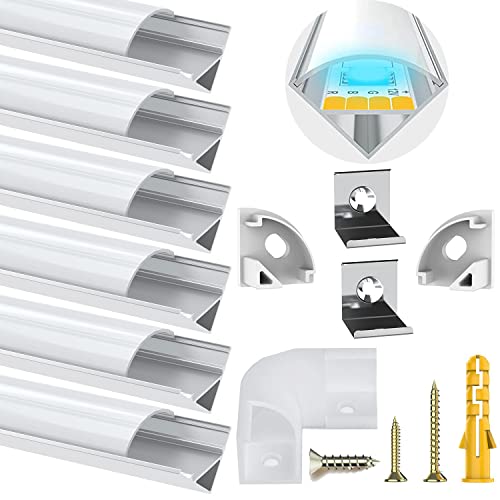 Chesbung V Led Profilo 1 Metri X 6 Pack In Alluminio Per Luci Led Strip Con Copertina, Bianca Lattea,Tappi Di Chiusura Laterali. Canalina Di Alluminio