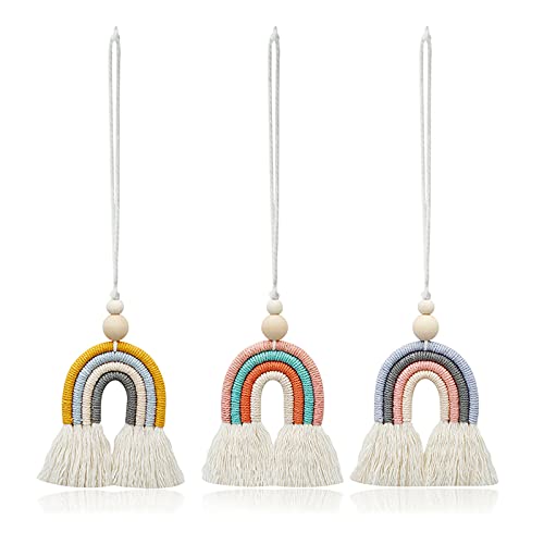 3 Pezzi Arcobaleno Macrame Piccolo, Appeso A Parete Arcobaleno Intrecciato A Mano,Con Perline Di Legno Quattro Fili Macrame Per Cameretta Dei Bambini