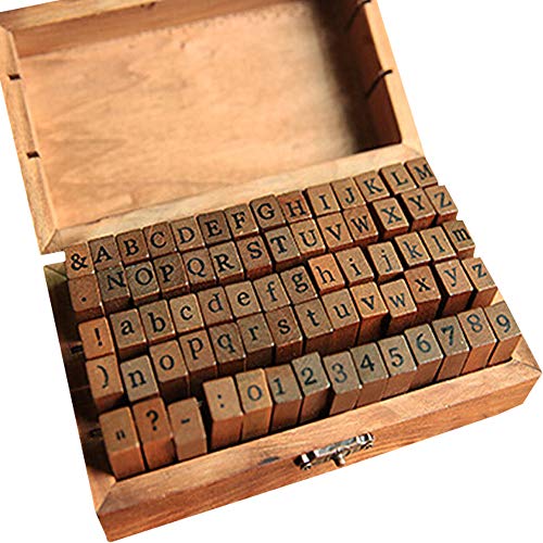 Iwilcs 70Pcs Stampini Legno Lettere, Francobolli Vintage Legno Alfabeto Lettera Timbri Piccola Scatola Di Legno Di Sigilli Creativi Fai Da Te Sigillo