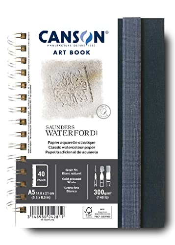 Canson Professional Book, Carta Aquarelle, Grana Fine, 300G/M², Taccuino Spiralato, A5-14 -8X21Cm, Bianco Naturale, 20 Fogli