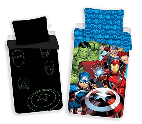 Jerry Fabrics - Set Di Biancheria Da Letto Tema Avengers, Luminosa Al Buio, Dimensioni: 140 X 200 Cm, 70 X 90 Cm, In 100% Cotone
