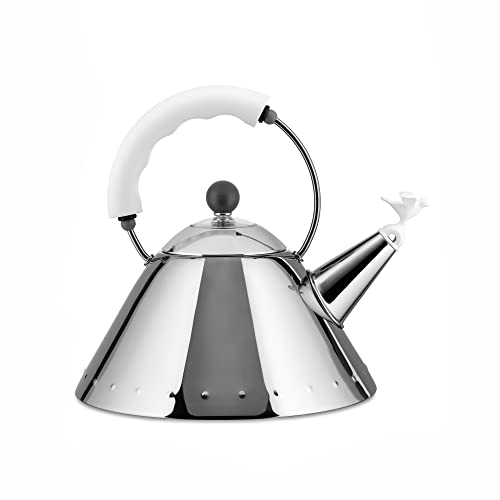 Alessi 9093 W Bollitore Di Design Con Manico E Fischietto A Forma Di Uccellino, Acciaio Inox, Bianco