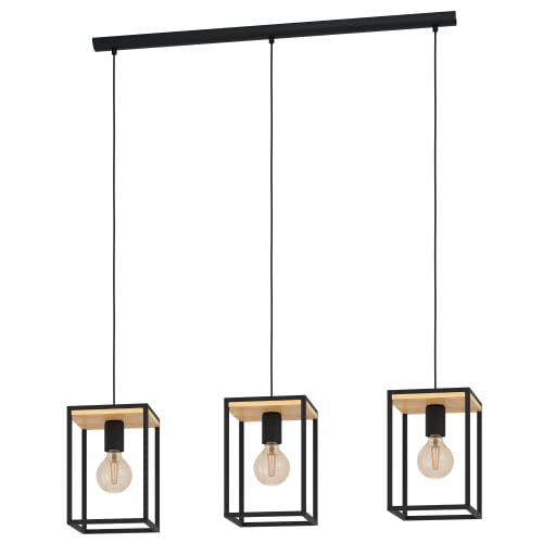 Eglo Lampada A Sospensione Libertad, Luce A Sospensione Con 3 Luci Da Sala Da Pranzo, Metallo Nero E Legno Naturale, Lampada A Sospensione Su Tavolo,