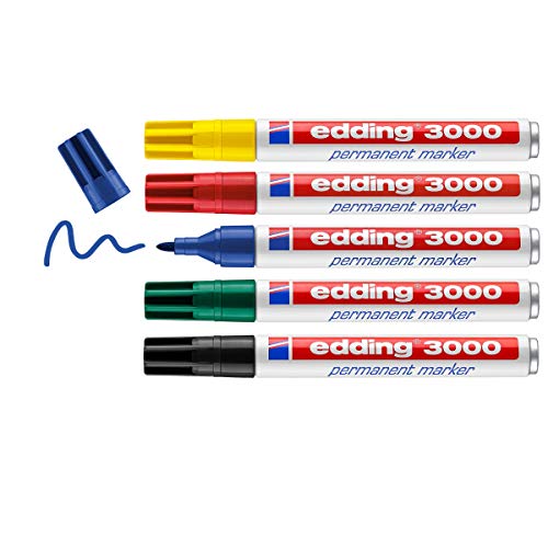 Edding 3000 Marcatore Permanente, Rosso, Blu, Verde, Giallo, Nero, 5 Colori Base, Punta Tonda, Asciugatura Rapida, Impermeabile, Per Cartone, Plastica