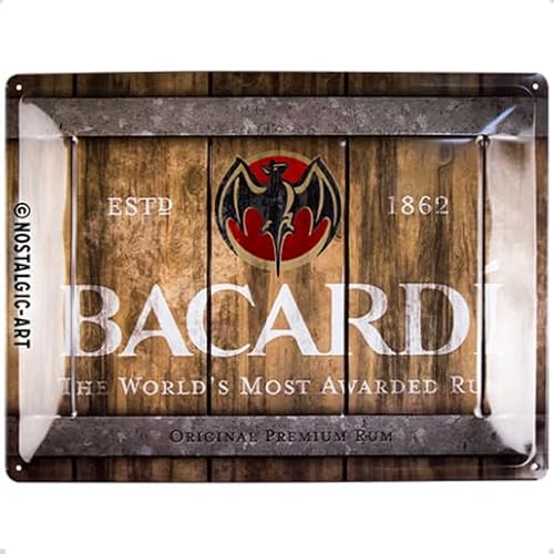 Nostalgic-Art Targhe Vintage Bacardi – Wood Barrel Logo – Idea Regalo Per Gli Amanti Del Rum, In Metallo, Design Retro Per Decorazione, 30 X 40 Cm