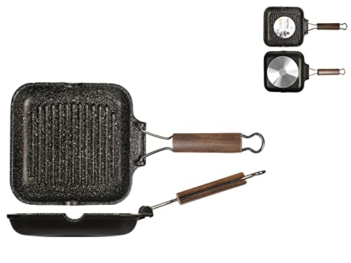 H&H Bistecchiera Antiaderente Pietra Manico Pieghevole Cm20 Ft Pentole Cucina, Nero, 20 Cm