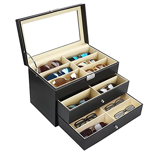 Kurtzy Scatola Porta Occhiali Da Sole In Similpelle Nera - 18 Slot Per Occhiali - Organizer Occhiali Da Sole A 3 Livelli Con Serratura E Cassetti - Po