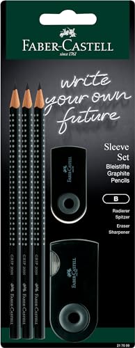 Faber-Castell Set Di Custodie Nere: 3 Matite Grip 2001 B, 1 Mini Gomma Per Cancellare, 1 Scatola Per Affilare Doppia Custodia