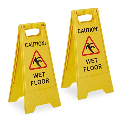 Relaxdays Cartello Avvertimento Antiscivolo, Set Da 2, Segnale Pieghevole, Scritta In Inglese Caution Wet Floor, Giallo