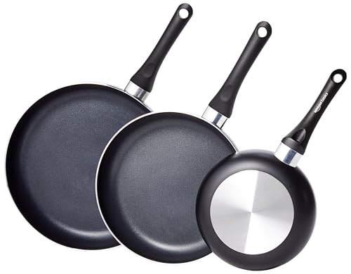 Amazon Basics 3 Unità Padelle Con Rivestimento Antiaderente, 20 Cm, 25 Cm E 30 Cm, Nero