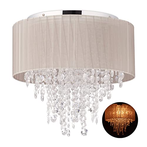Relaxdays Lampadario Cristalli, Paralume In Organza, Attacco G9, 5 Luci, Lampada Da Soffitto, 39X39,5 Cm, Grigio/Argento
