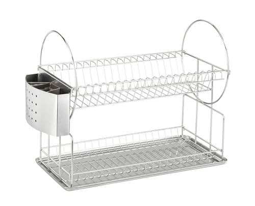Wenko Scolapiatti Exclusiv Duo - Ripiano Per Piatti E Tazze, Cestello Per Le Posate, Vaschetta Raccogligocce, Acciaio Inossidabile, 21 X 33 X 49 Cm, A