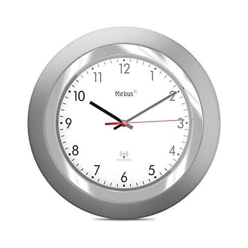 Mebus Funk-Wanduhr/Klassisches Model/Silberner Rahmen/Weißes Zifferblatt / 24Cm Durchmesser/Rund/Funkuhr (Dcf77) / Modell: 19452 / Farbe: Silber, Weiß