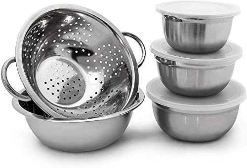 Relaxdays Set 5 Ciotole In Acciaio Inox, Coperchio Salvafreschezza & Scolapasta, Insalatiere, Box Portapranzo, Argento, Inossidabile, 30X24X10 Cm, 5 U
