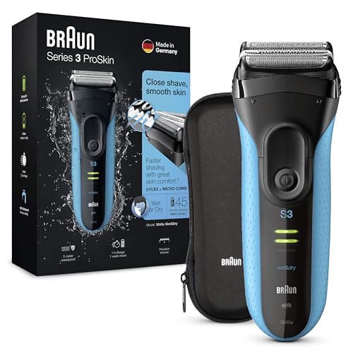Braun Series 3 Proskin 3045S Rasoio Elettrico Da Uomo Wet&Dry Ricaricabile E Senza Fili Con Rifinitore Di Precisione Estraibile, Nero/Blu