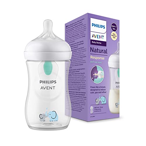 Philips Avent Biberon Natural Response - Biberon Da 260 Ml Con Valvola Airfree, Senza Bpa, Per Neonati Da 1 Mese In Su, Con Motivo Di Elefante (Modell
