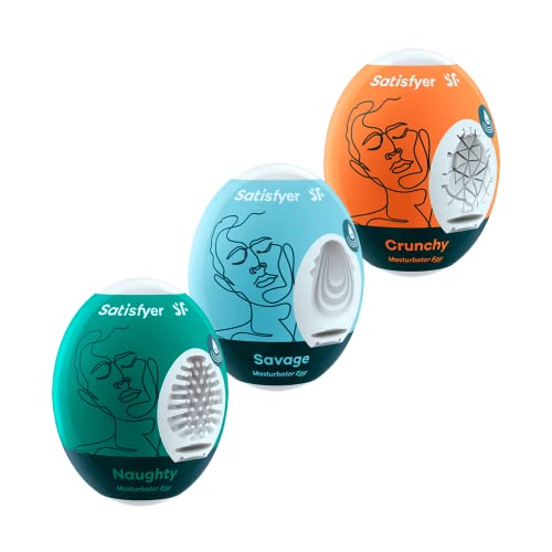 Satisfyer Masturbator Eggs, Strutture Diverse, Tpe Idroattivo, Nessun Lubrificante Necessario, Monouso, Stil: 3X Set Naughty, Savage, Crunchy