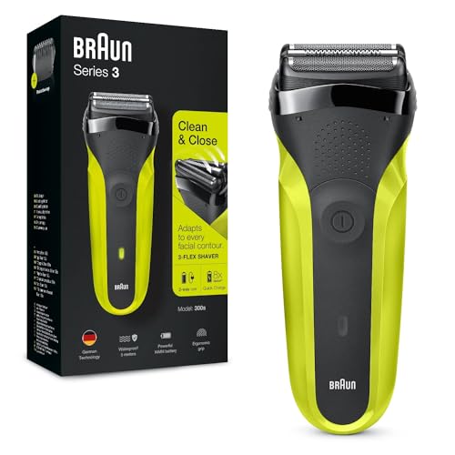 Braun Series 3 Rasoio Elettrico Barba Con 3 Lame Flessibili, Con Lamina Lavabile, Senza Fili, 300S Verde