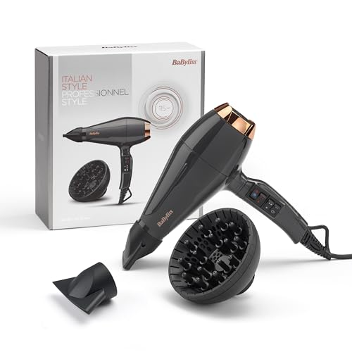 Babyliss 6719De Asciugacapelli Professionale Ac, Made In Italy, Funzione Ionica, 2200W Con Diffusore E 2 Concentratori, Velocità Aria Fino A 115 Kmh,