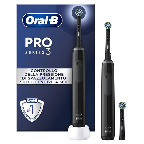 Oral-B Spazzolino Elettrico Ricaricabile Pro 3 3900, Sensore Di Pressione Luminoso, Batteria A Lunga Durata, 3 Testine, 2 Spazzolini Elettrici, Nero,