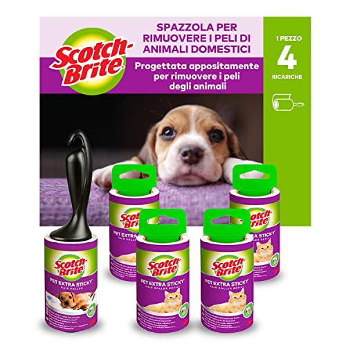 Scotch-Brite Pet Extra Sticky, Spazzola Extra Adesiva Per Rimuovere I Peli Degli Animali Domestici + 4 Ricariche, 240 Fogli Totali
