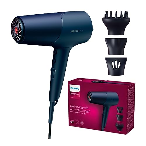 Philips Asciugacapelli Serie 5000 - Asciugacapelli Blu E Finiture Metallizzate Con Tecnologia Termoprotettiva, Diffusore Di Volume E Beccucci Da 9 Mm