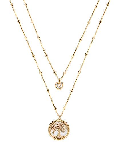 Amen Collana Doppia Con Albero Della Vita E Cuore Con Zirconi Bianchi, In Argento 925 Dorato, Lunghezza 40+4 Cm Cl2Alcug1