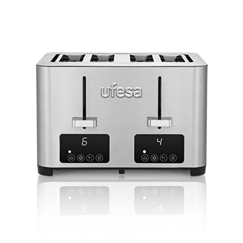 Ufesa Quartet Delux, Tostapane Acciao Inox, 2 Schermi Digitali Lcd, 1500 W, 4 Fessure, Bocca Ampia, 7 Livelli Di Tostatura