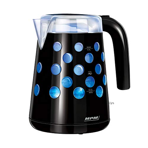 Mpm Mcz-86/C Bollitore Elettrico 1,7 L, Contenitore In Plastica Bpa, Senza Filo A 360°, Spegnimento Automatico, Illuminazione Interna, 2200W, Nero, 1.