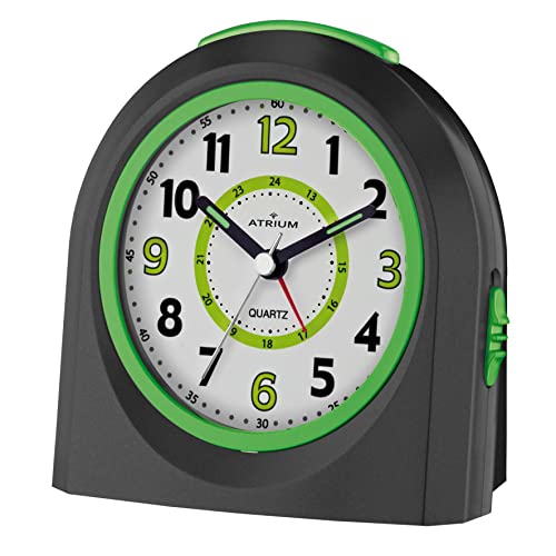 Atrium Sveglia Analogica, Colore Nero/Verde Senza Ticchettio Con Luce E Funzione Snooze, Movimento Al Quarzo A921-7