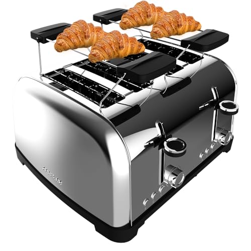 Cecotec Tostapane Verticale 4 Slot Brevi Toastin' Time 1700 Double Inox. 1700 W, 4 Fette Di Pane, Fessura Larga 3,8 Cm, 2 Supporti Per Panini E Vassoi