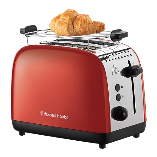 Tostapane Russell Hobbs, Due Fette, Colors Plus Acciaio Inox Rosso, Toast Extra Larghi, Accessorio Per Panini, 6 Livelli Di Doratura E Funzione Di Sco