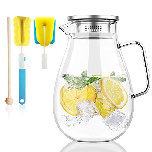 Honneeo Brocca Di Vetro 2 Litros Brocca 2000Ml Caraffe Da Tavola Brocche Con Filtro E Coperchio Di Coccio Acqua Ghiacciata Vino Caffè Latte Tè Bottigl