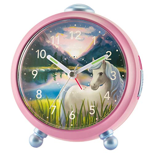 Atrium A932-17, Sveglia Analogica Al Quarzo, Da Bambina, Motivo Con Cavallo Siabelle, Senza Ticchettio, Funzione Snooze, Luce, Colore Rosa