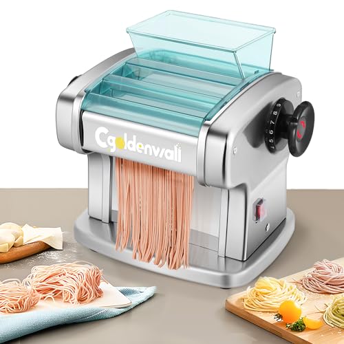 Cgoldenwall Fresca Macchina Per Pasta Elettrica Tagliatelle Macchine In Acciaio Inox Con 2 Lame (2.5Mm Fine, 4Mm Piatte), 9 Gradi Di Spessore Regolabi