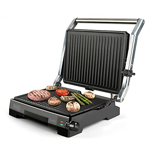 Black+Decker Bxgr2200E - Grill E Piastra Per Grigliare, 2200 W, Apertura 180°, Piastra Antiaderente Senza Pfoa, 14,5 X 23 Cm, Coperchio Con Posizioni