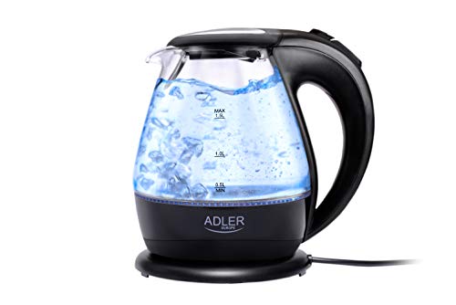 Adler Ad 1224 1224-Bollitore In Vetro, 1,5 Litri, Colore: Nero, 2200 W, 1.5 Litri, 0 Decibel, Acciaio Inossidabile