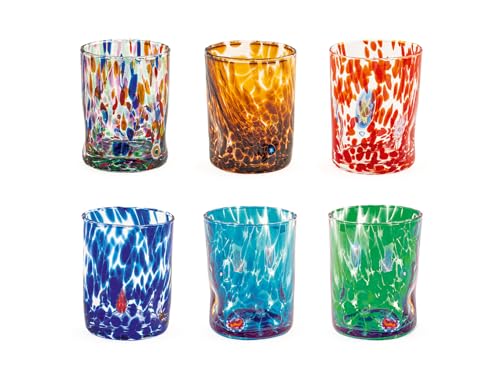 H&H Set 6 Bicchieri Veneziano In Vetro Decorato Multicolore Cl 32