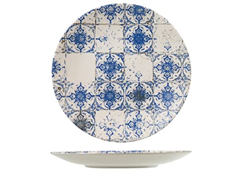 H&H Set 12 Piatti Piani Lotus In Stoneware Blu E Avorio Cm 28