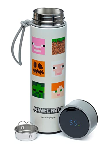 Puckator Minecraft – Borraccia In Acciaio Inox Con Display A Led Della Temperatura, Freddo Per 24 Ore E Caldo Per 6 Ore, Bottiglia D'Acqua In Metallo