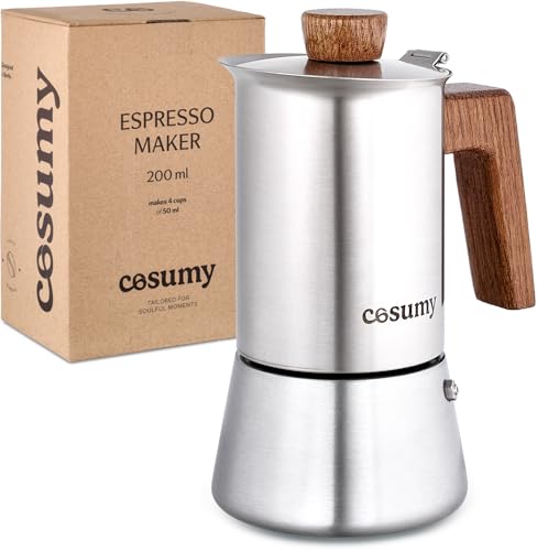 Cosumy Caffettiera Moka - Induzione E Tutti Gli Altri Tipi Di Fornelli - 4 Tazze - In Acciaio Inox E Quercia Sostenibile - Con Guarnizione Di Ricambio
